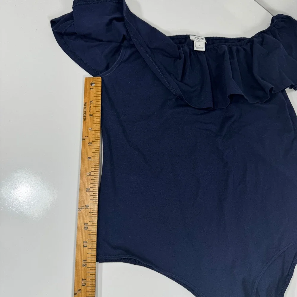 J. Crew Ruffle Off Shoulder‎ Bodysuit Navy Blue Stretch Cotton Blend Large